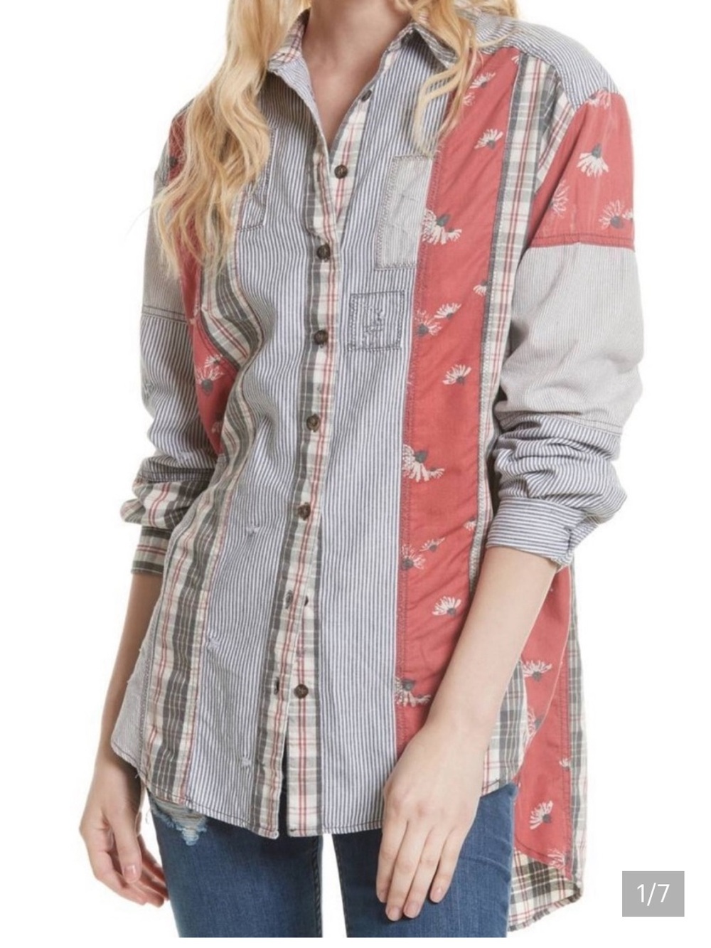 Free People All Patched Up Button Down Shirt Patchwork Plaid Floral Oversized M - Picture 5 of 15